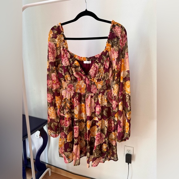 Lush Floral Ling Sleeve Mini Dress Large - Picture 2 of 4